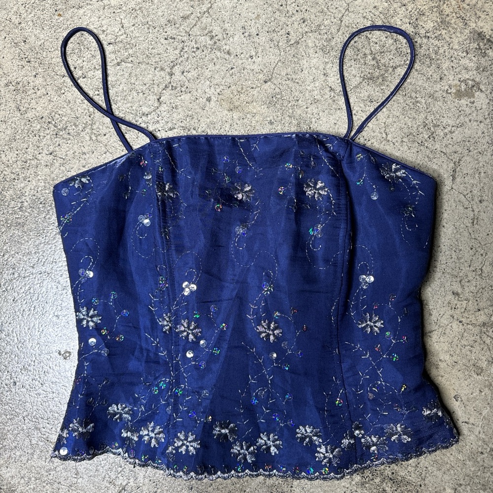 Vintage ASPEED women’s navy blue satin floral embroidered corset top size 3-4